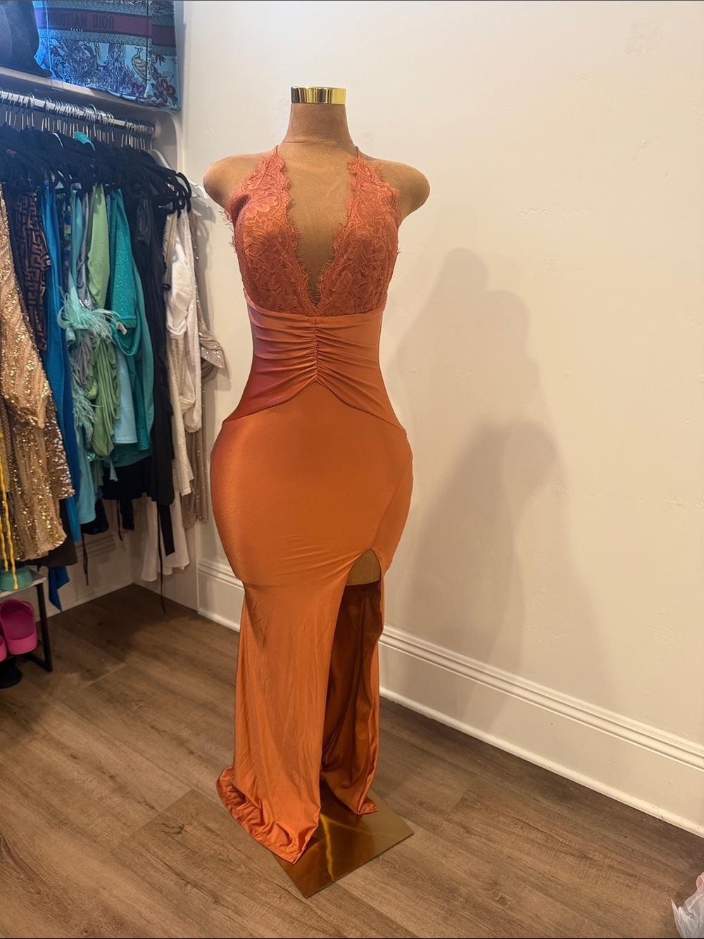 Fashion Nova Lace Halter Prom Gown in Burnt Orange